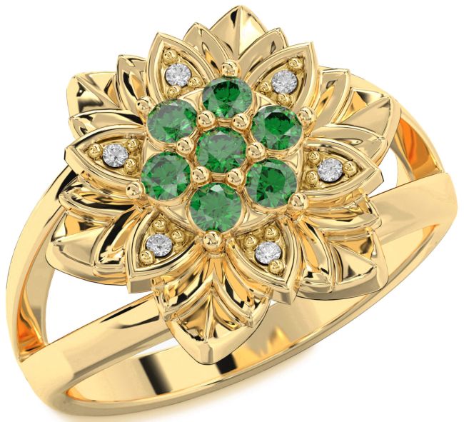 Diamond Emerald Gold Silver Flower Ring