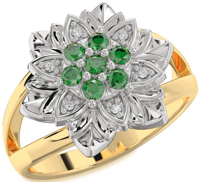 Diamond Emerald Platinum & Yellow Gold Flower Ring