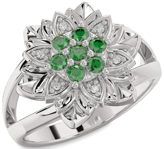 Diamond Emerald Platinum Flower Ring