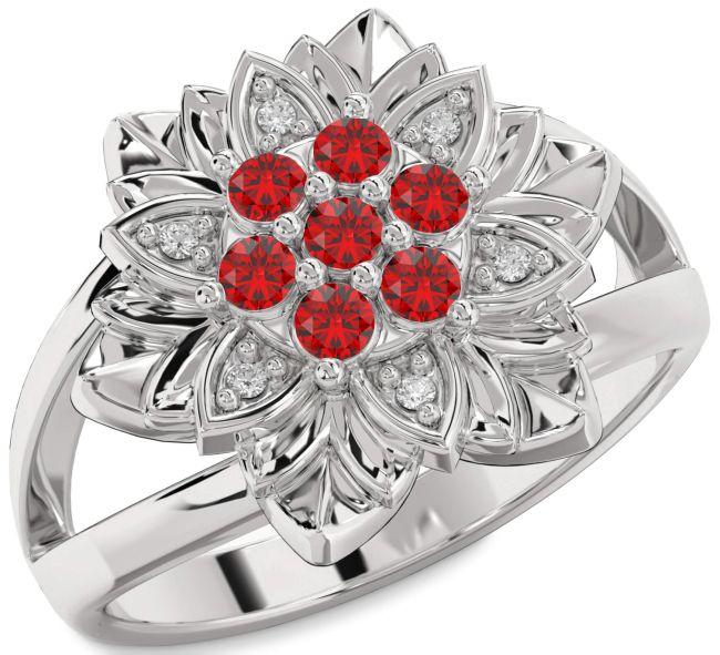 Diamond Ruby White Gold Flower Ring