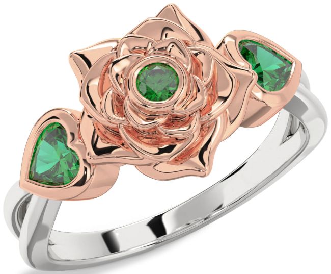 Emerald White Rose Gold Flower Two Heart Ring