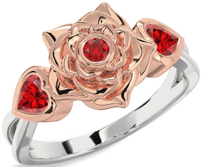 Ruby Platinum & Rose Gold Flower Two Heart Ring