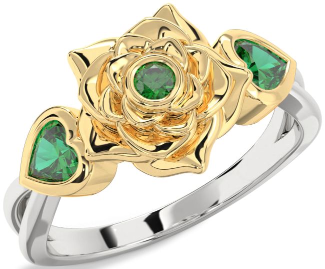 Emerald Gold Silver Flower Two Heart Ring
