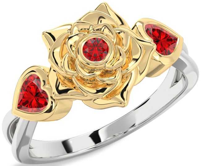 Ruby Gold Silver Flower Two Heart Ring