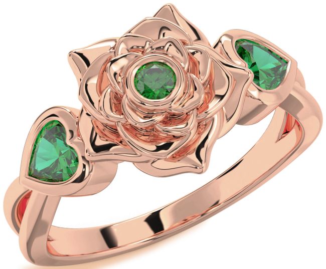 Emerald Rose Gold Silver Flower Two Heart Ring