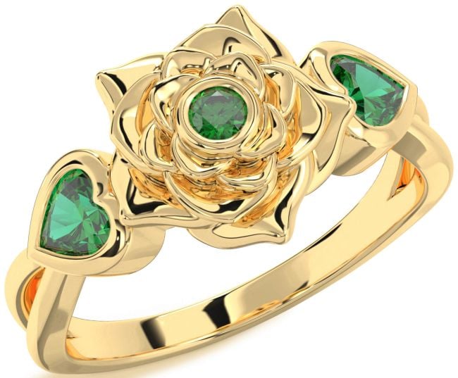 Emerald Gold Flower Two Heart Ring