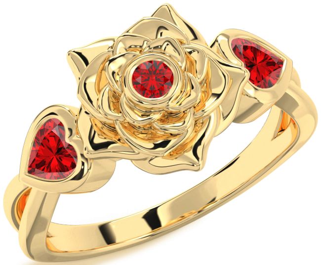 Ruby Gold Silver Flower Two Heart Ring