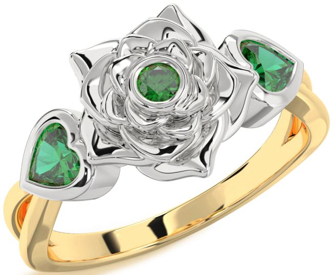 Emerald Gold Silver Flower Two Heart Ring