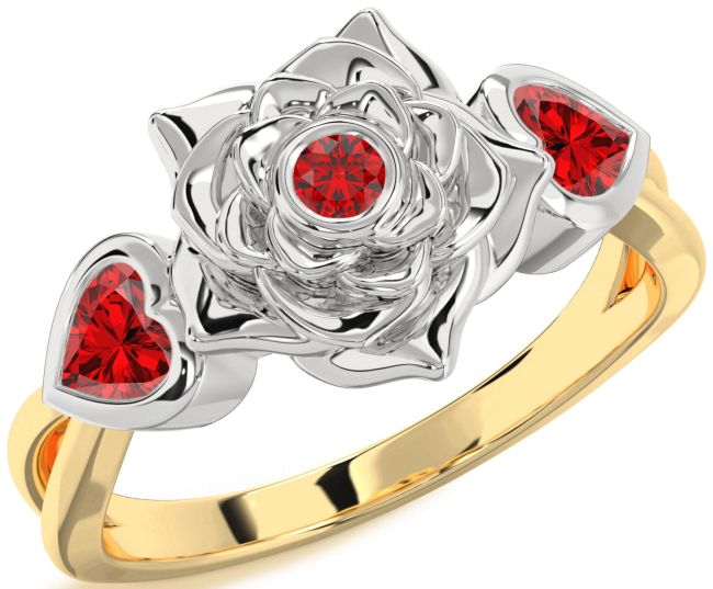 Ruby Gold Silver Flower Two Heart Ring