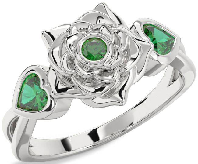 Emerald White Gold Flower Two Heart Ring
