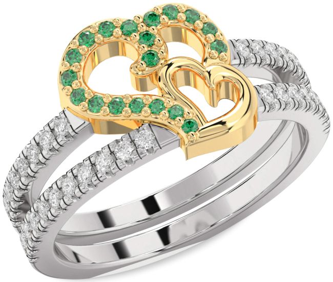 Diamond Emerald Silver & 10K gold Heart Ring