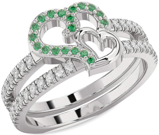 Diamond Emerald Platinum Heart Ring