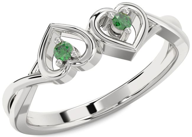 Emerald Silver Heart Two Stone Birthstone Ring
