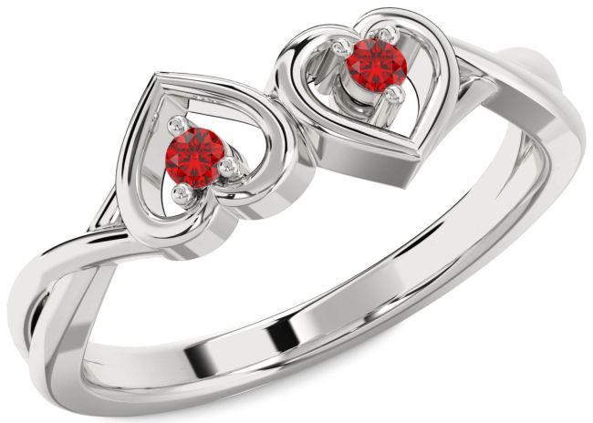 Ruby Silver Heart Two Stone Birthstone Ring