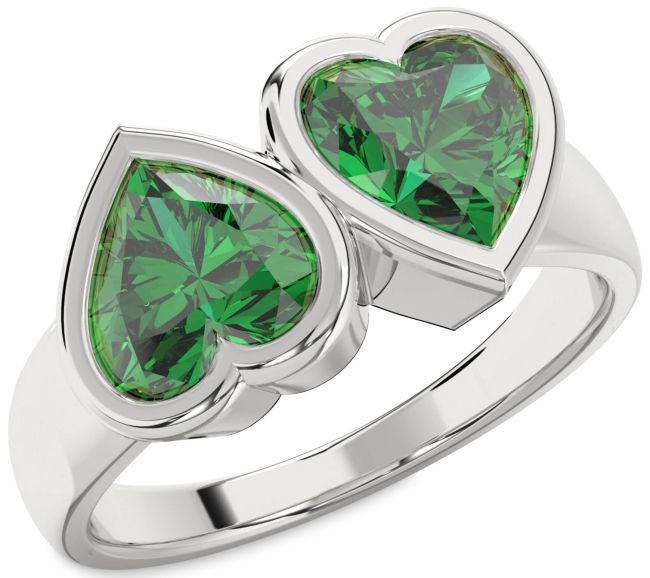 Emerald Platinum Two Heart Birthstone Ring