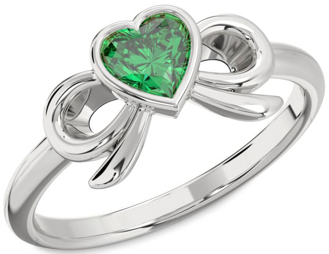 Emerald Silver Bow Heart Solitaire Engagement Ring