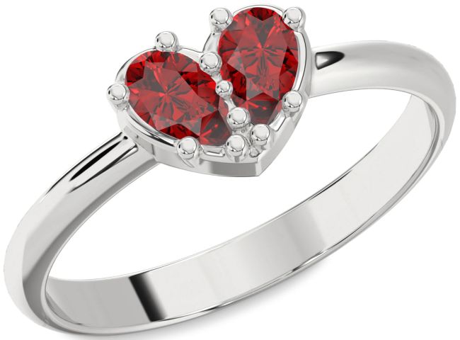 Ruby Silver Heart Two Stone Birthstone Ring