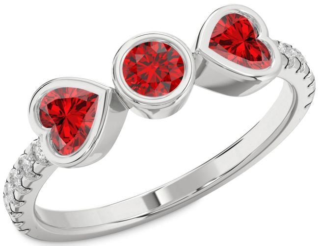 Diamond Ruby Silver Two Heart Birthstone Ring