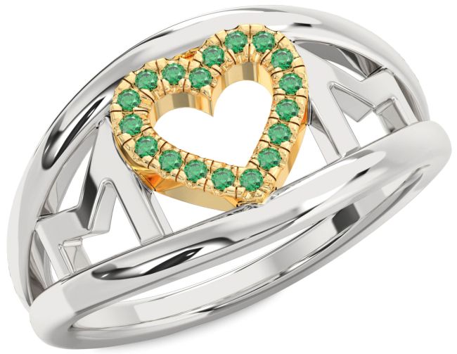 Emerald Silver & 10K gold Mom Heart Ring