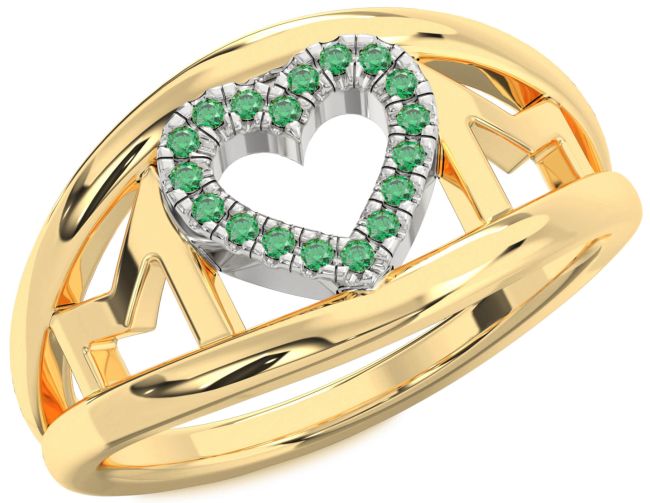 Emerald Gold Silver Mom Heart Ring