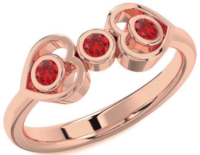 Ruby Rose Gold Heart Three Stone Birthstone Ring