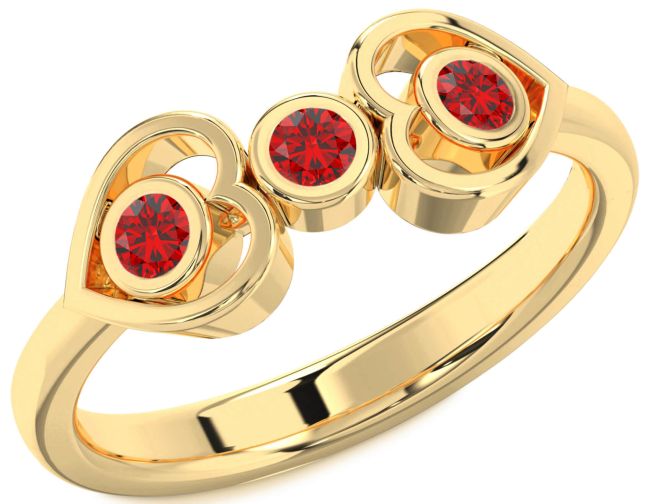Ruby Gold Silver Heart Three Stone Birthstone Ring