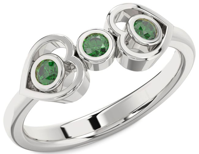 Emerald White Gold Heart Three Stone Birthstone Ring