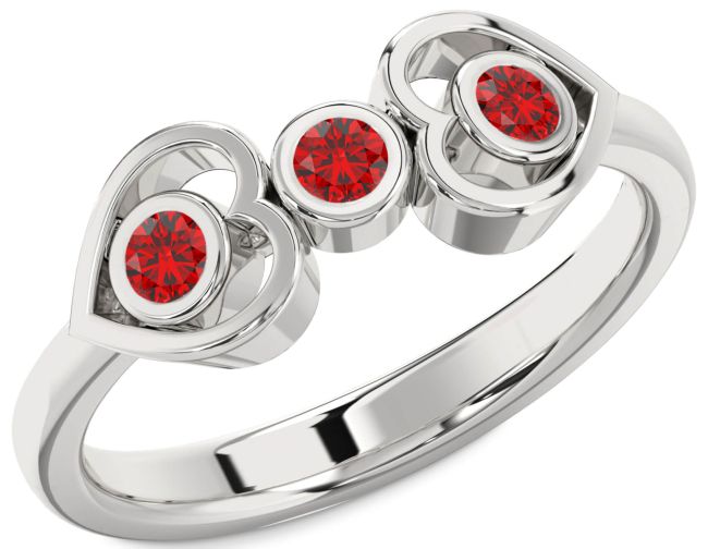 Ruby White Gold Heart Three Stone Birthstone Ring