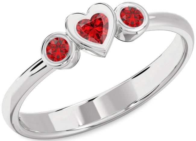 Ruby Platinum Heart Three Stone Birthstone Ring