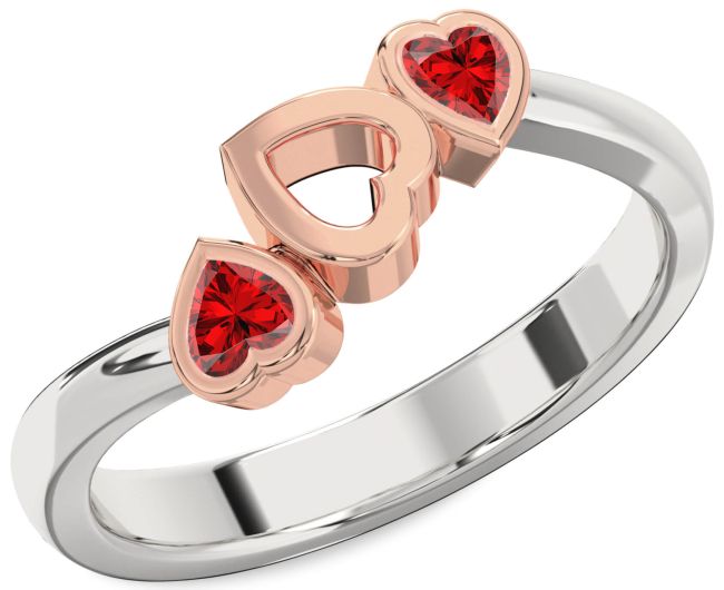 Ruby Rose Gold Silver Two Heart Birthstone Ring