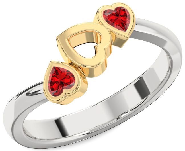 Ruby Silver & 10K gold Two Heart Birthstone Ring