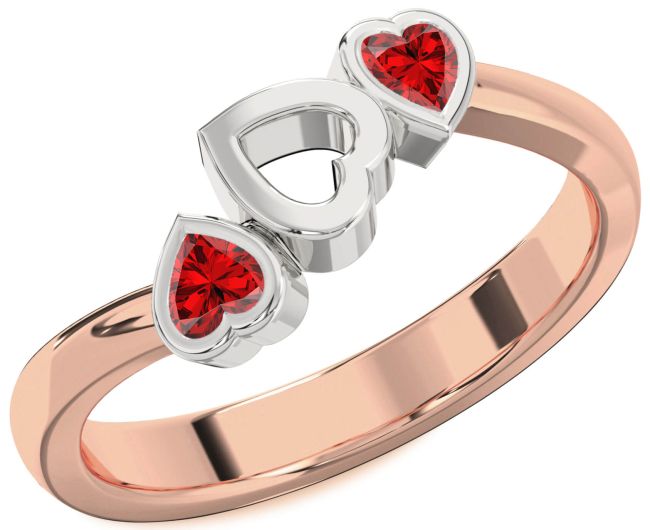 Ruby Rose Gold Silver Two Heart Birthstone Ring
