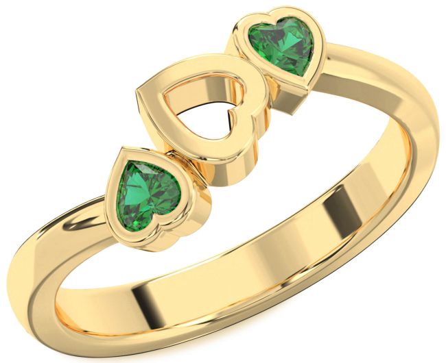 Emerald Gold Silver Two Heart Birthstone Ring