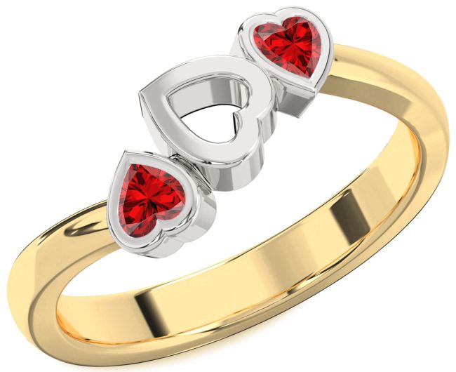 Ruby Gold Silver Two Heart Birthstone Ring