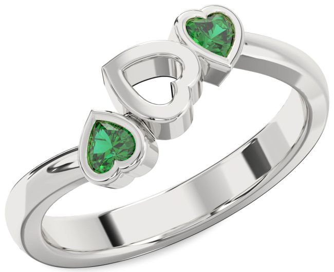 Emerald Silver Two Heart Birthstone Ring