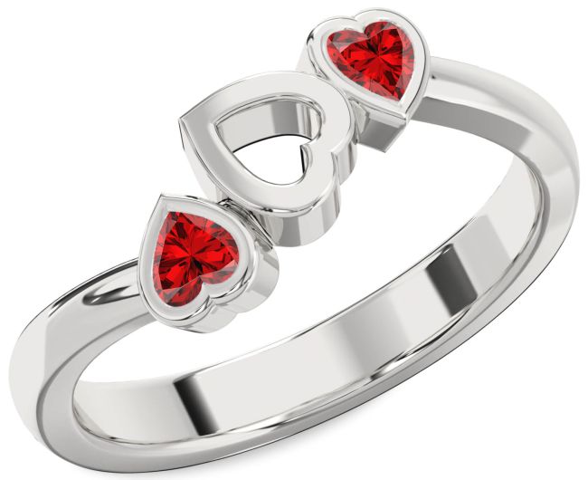 Ruby Silver Two Heart Birthstone Ring
