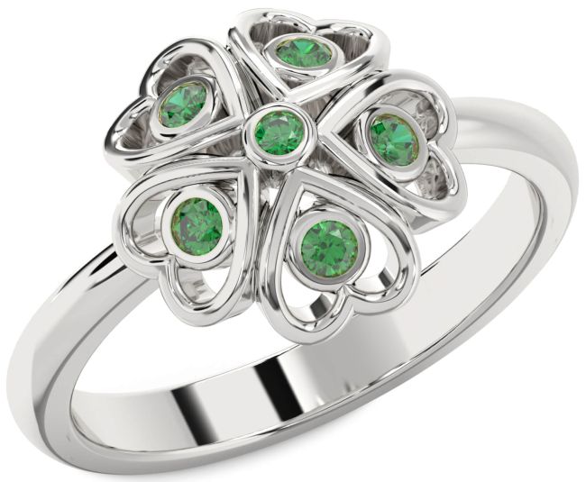 Emerald Silver Flower Heart Six Stone Ring