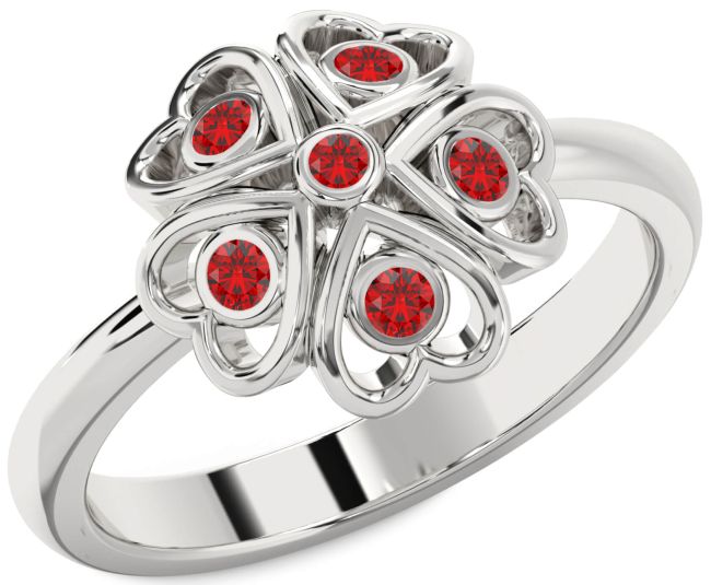 Ruby White Gold Flower Heart Six Stone Ring