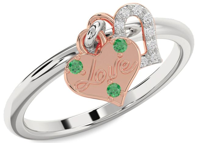 Diamond Emerald Rose Gold Silver Heart Lock Ring