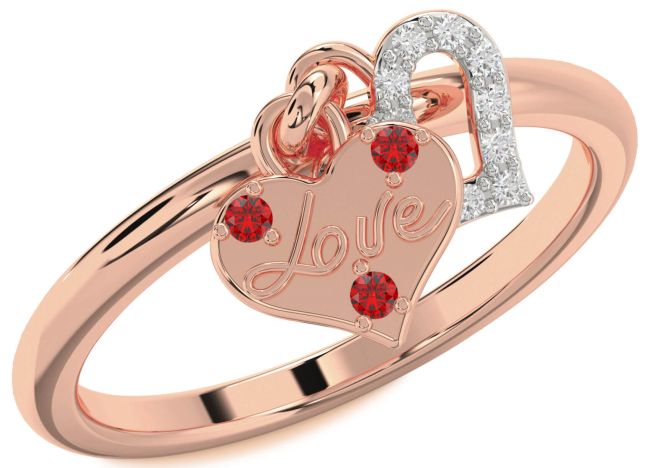 Diamond Ruby Rose Gold Silver Heart Lock Ring