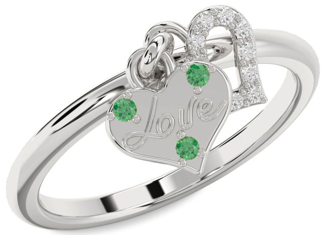 Diamond Emerald Silver Heart Lock Ring