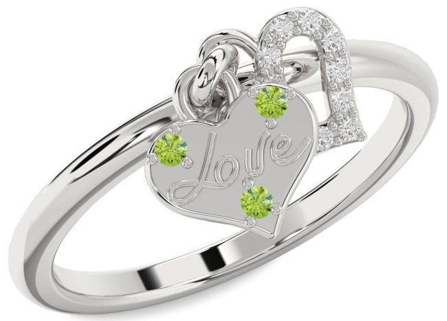 Diamond Peridot Silver Heart Lock Ring