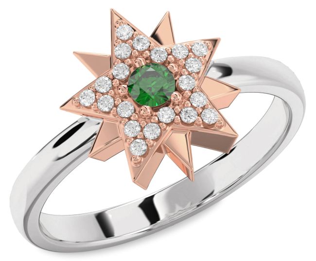 Diamond Emerald Rose Gold Silver Star Ring