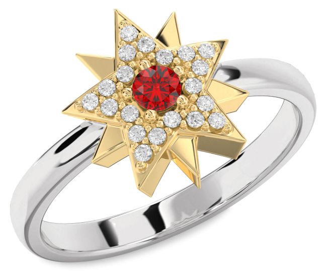 Diamond Ruby White Yellow Gold Star Ring