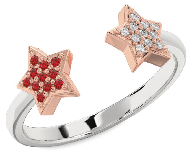 Diamond & Ruby Rose Gold Silver Star Ring
