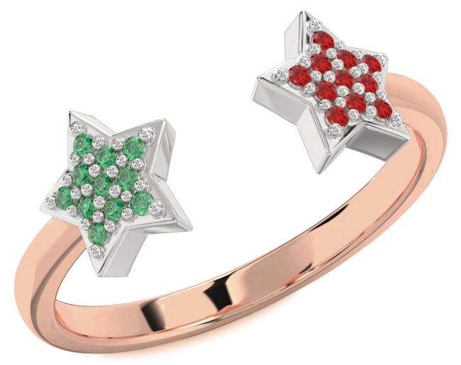 Emerald & Ruby White Rose Gold Star Ring