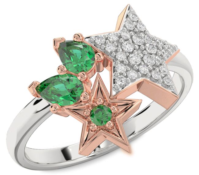 Diamond Emerald Silver & 10K Rose Gold Star Ring