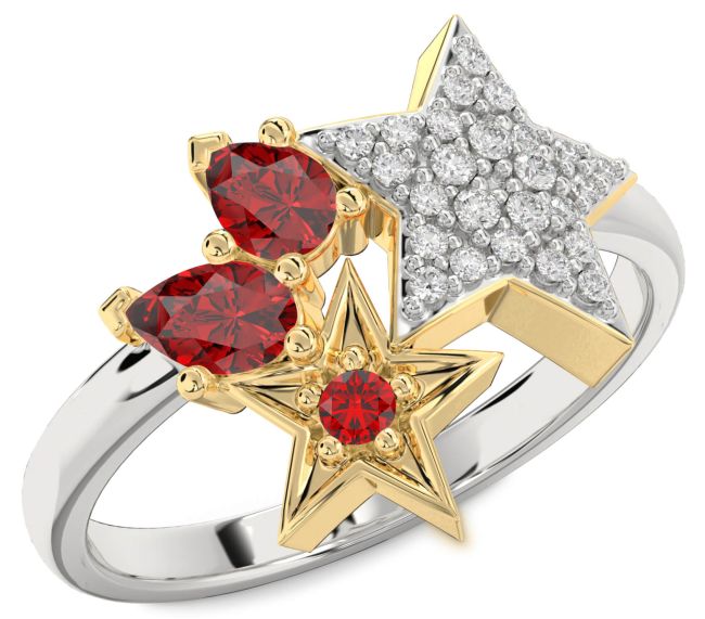 Diamond Ruby Silver & 10K gold Star Ring