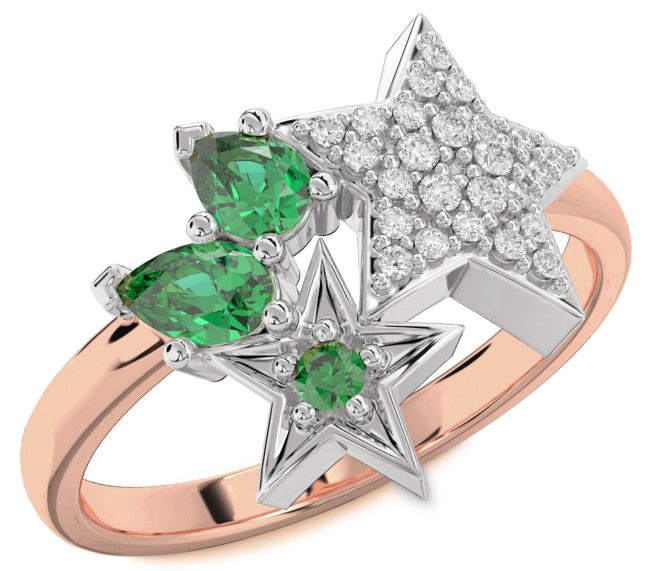 Diamond Emerald Platinum & Rose Gold Star Ring