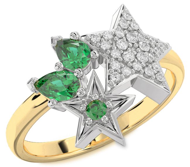 Diamond Emerald Platinum & Yellow Gold Star Ring